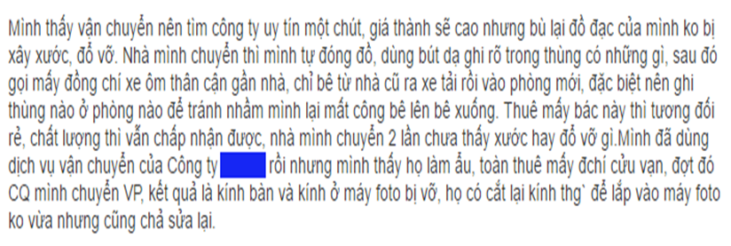 Chia sẻ của một mẹ trên diễn đàn Webtretho khi sử dụng dịch vụ chuyển nhà trọn gói