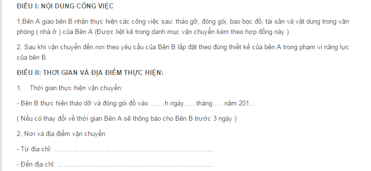 1 số điều khoản thể hiện trên hợp đồng dịch vụ chuyển nhà trọn gói Xá Lợi