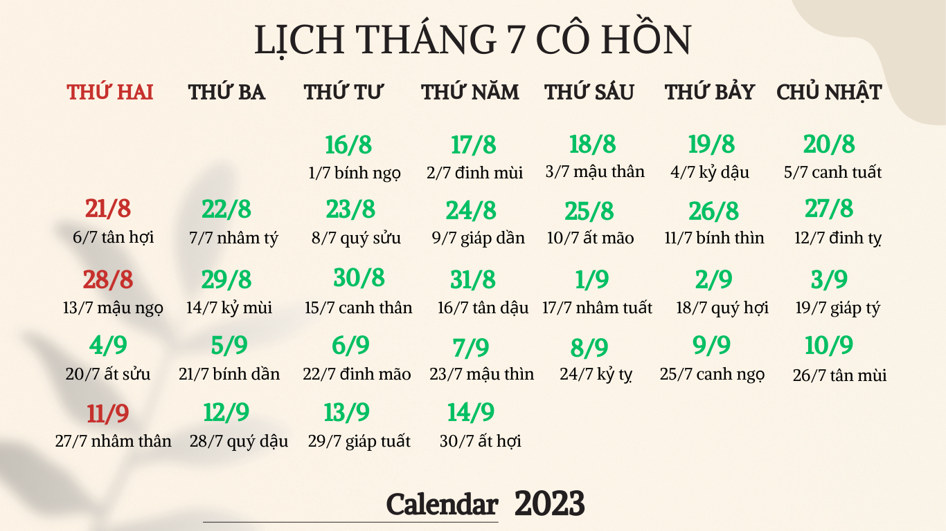 Bảng lịch âm ngày rằm tháng 7 âm lịch 2023