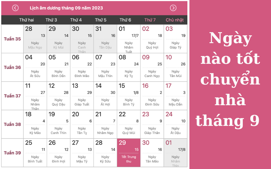 Xem lịch tháng 9 ngày nào tốt để chuyển nhà